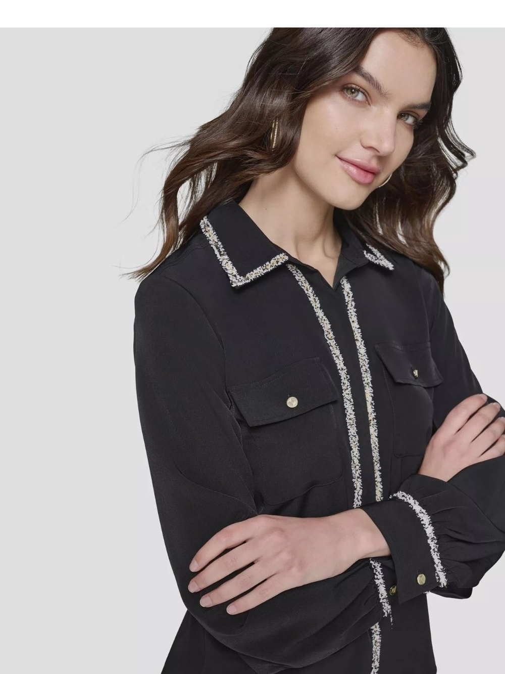 Karl Lagerfeld Womens Black Button-Front Trim Blouse, Size LARGE